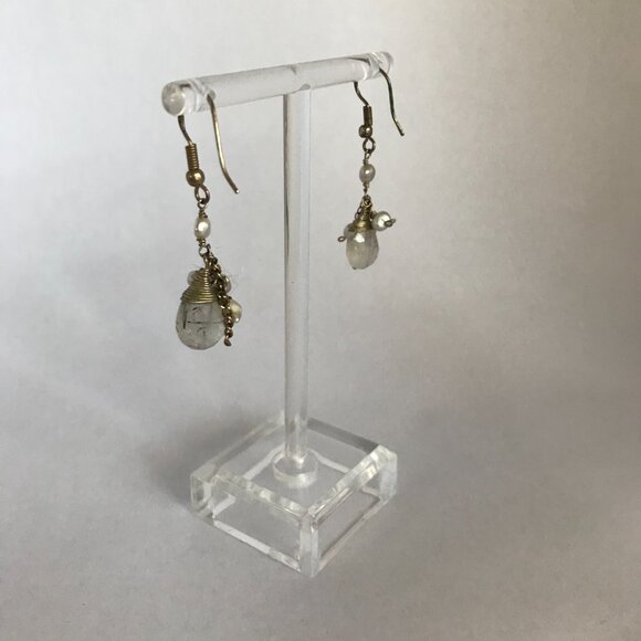 Silver, Pearl and Tourmalated Quartz Dangle Earrings - Picture 2 of 7
